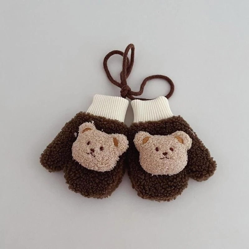 

J15U Trendy Kid's Winter Gloves Thicken Lambswool Warm Mittens Cartoon Bear Decoration Gloves Windproof Full Finger Gloves