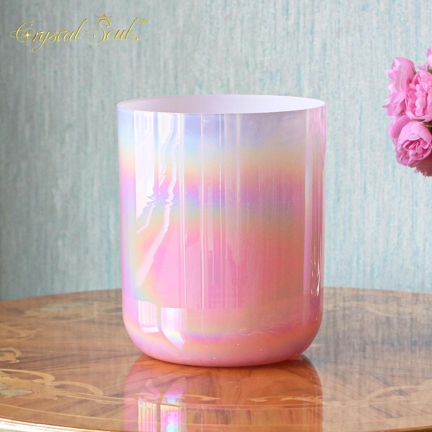CrystalSoul 432Hz Romantic Girly Pink Aurora Gradient Clear Alchemy Crystal Singing Bowl
