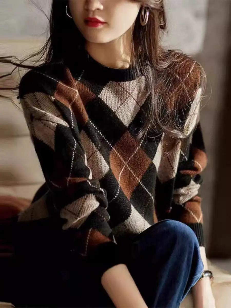 Autumn Winter Round Neck Prismatic Lattice Vintage Sweater Ladies Loose Casual All-match Pullover Jumpers Women Bottoming Top