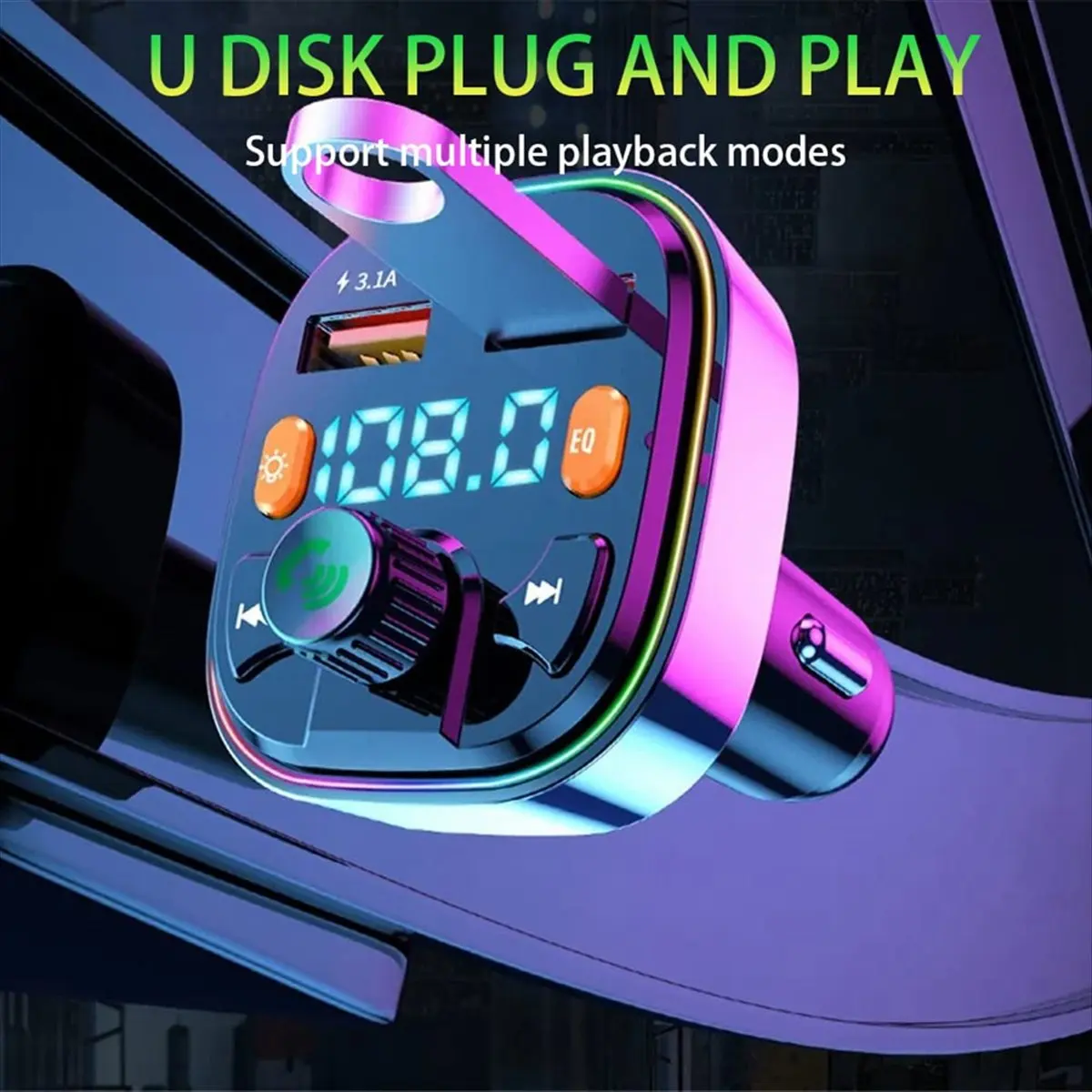 AU47-Bluetooth FM Transmitter for Car - Dual USB Port and Type-C PD Car Charger, 7 Colors LED Backlit, MP3 Music Player