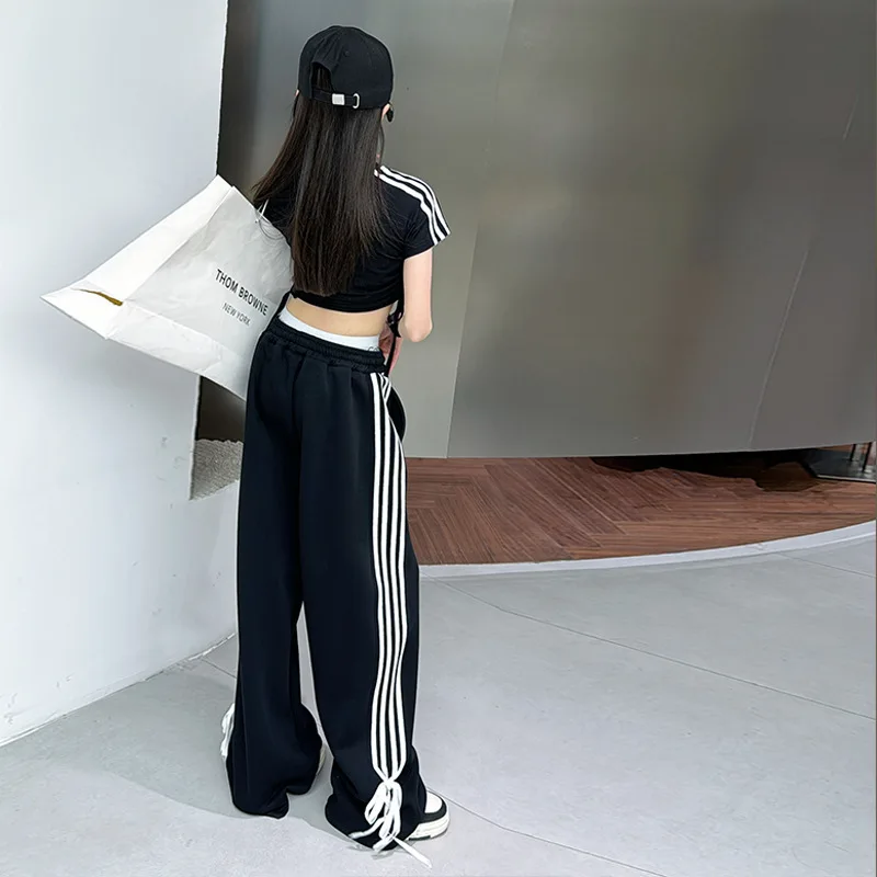 Girl's Fashion Set Black Hot Diamond T-shirt + Side Striped Pants Korean High Summer Set Kids Two Piece Suit Princess Clothing