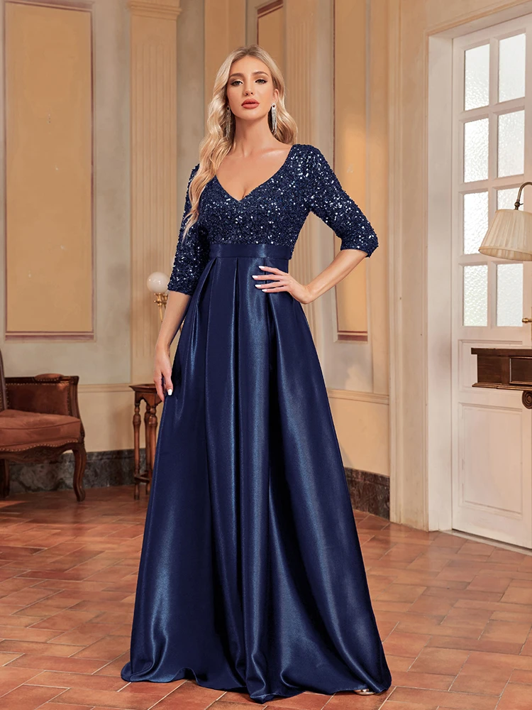 XUIBOL Elegant Short Sleeve Sequins Evening Dress Women 2024 Satin Prom Party Blue Vneck Dress Floor Length Formal Cocktail Gown