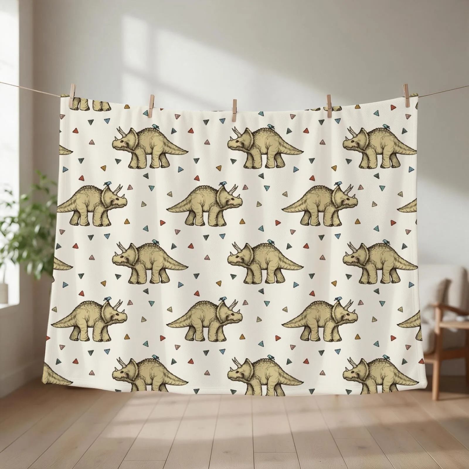 Triceratops & Triangles Throw Blanket couch cozy soft plush fuzzy picnic outdoor blanket