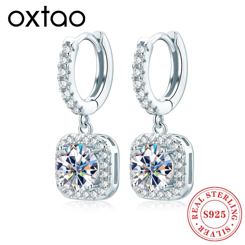 

OXTAO Classic Square Drop Earrings 6.5mm/8mm/9mm Round Cut Moissanite Dangling Earrings Ladies 925 Silver Luxury Jewelry Gift
