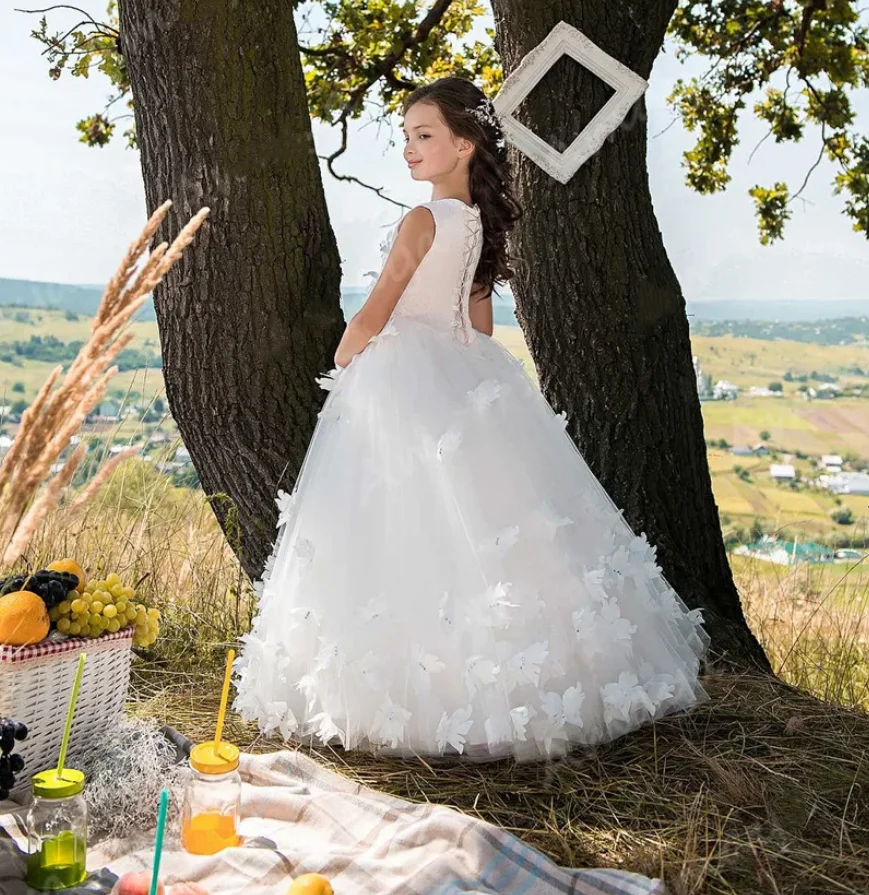 A-lijn meisjes verjaardagsjurk 3D vlinders prinses bloemenmeisjesjurk vloerlengte tule jurk nieuwe fotoshoot