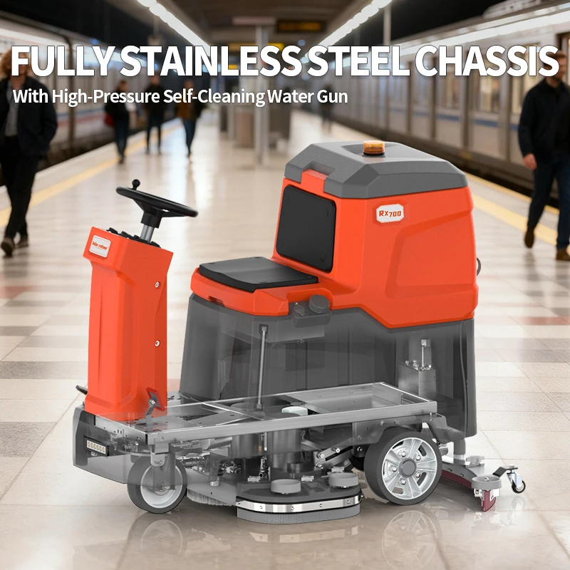 New industrial riding self-propelled washing machine, using all stainless steel frame double brush system, 24V 100Ah cleaning