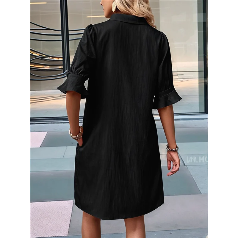 CYL-Womens Casual Shirt Dress Ruffle Sleeve Button Down Shift Summer Dresses With Pockets