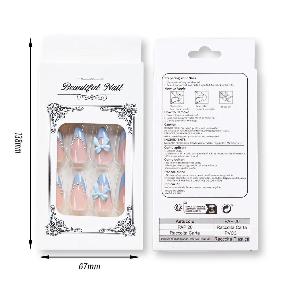 24 قطعة الصحافة الفرنسية الزرقاء على الأظافر مع الأبيض ثلاثية الأبعاد Bowknot اللؤلؤ قصيرة اللوز وهمية مسمار نصائح أنيقة النساء يمكن ارتداؤها أطراف الأصابع كاذبة