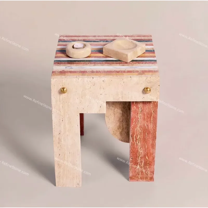 Natural Beige Travertine Bedside Table Natural Stone Nightstand for Luxury Bedroom Furniture
