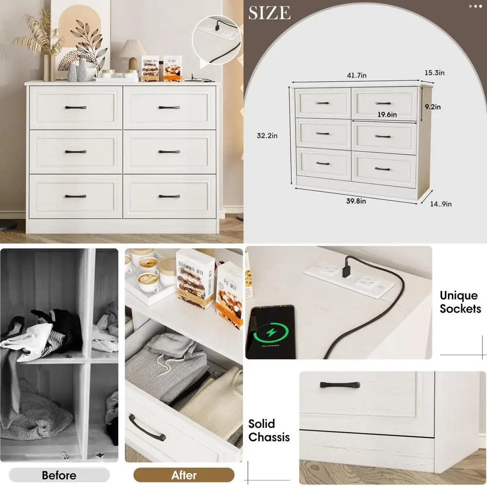 

6 Drawer Wide Bedroom Dresser Organizer with Metal Handles and Charging Station for Hallway, Woodgrain White