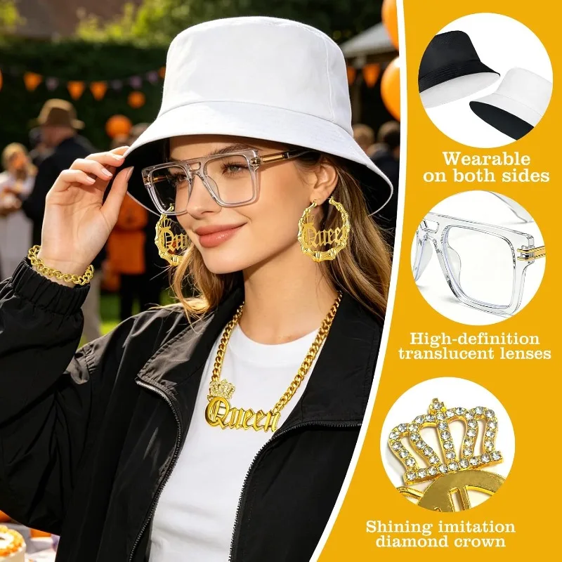 5PCS/SET Hip Hop Queen Costume Kit 80s 90s Rapper Accessories DJ Retro Disco Kit Party Club Halloween Cosplay Dress Up Accessory 2