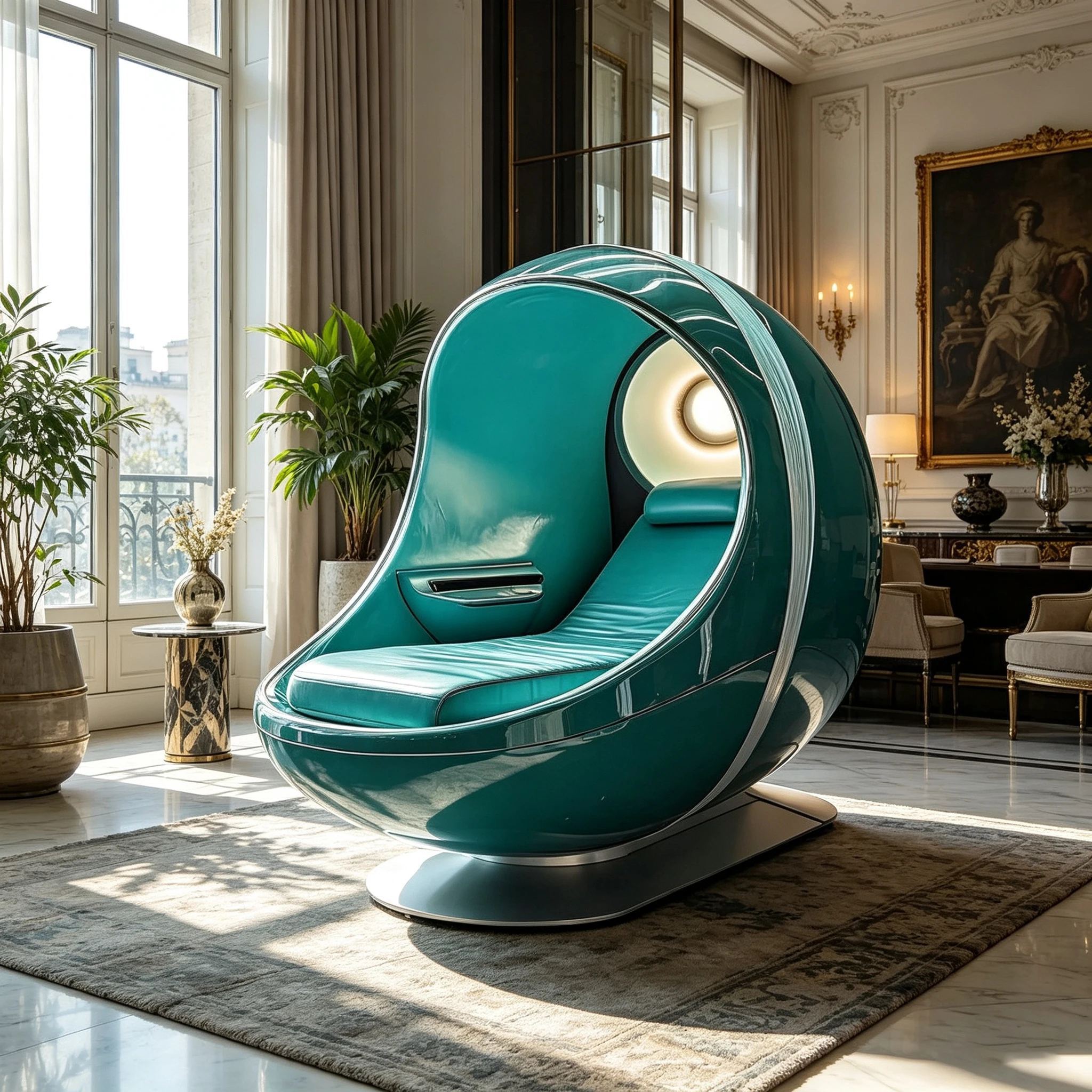 Modern fiberglass egg chair with integrated tray swivel base