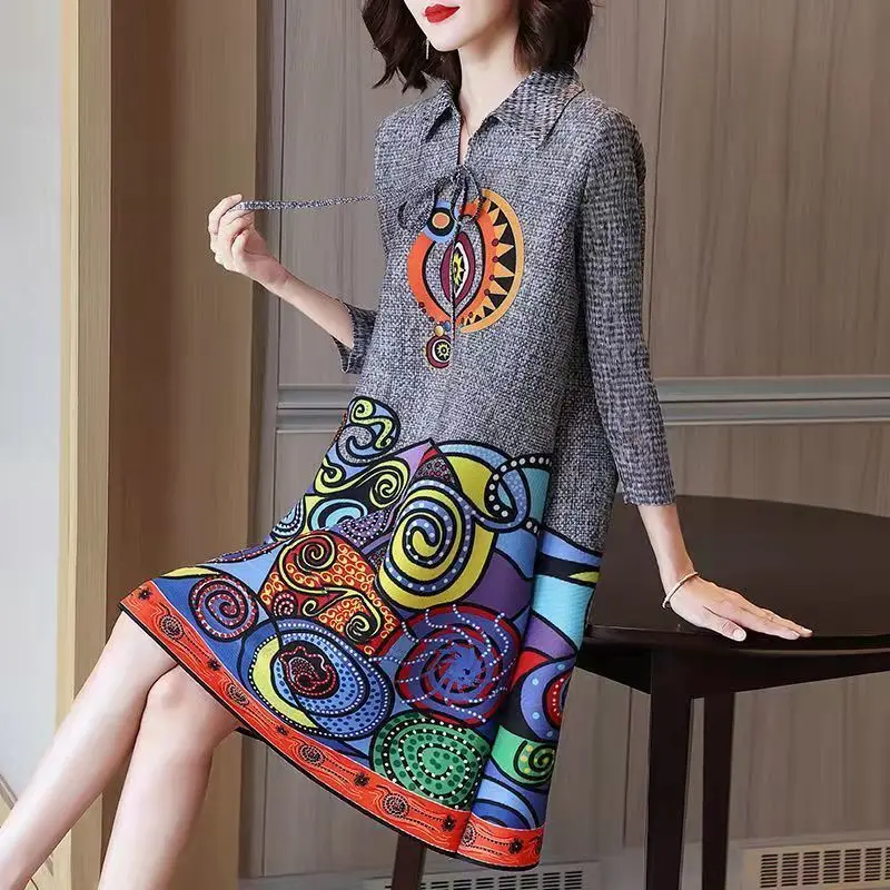 

2023 Casual A-Line 3/4 Sleeve Midi Dress Spring Autumn Stylish Printed Turn-down Collar Drawstring Female Korean Elegant Dresses