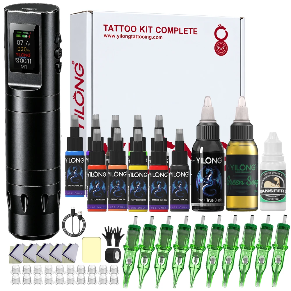 53PCS YILONG Aluminum Alloy Wireless Color Screen Tattoo Machine Pen Complete Kit for Tattoo Beginners and Artist