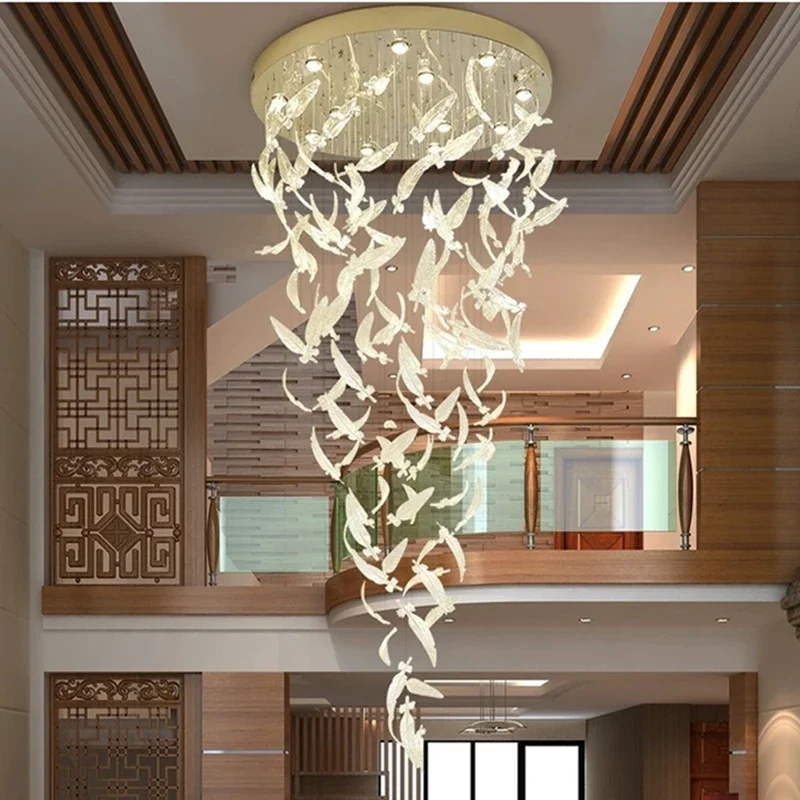 Amber Clear Crystal Feather Chandelier LED Ceiling Pendant Light for Staircase Beauty Salon Reception Room Lobby Stainless Steel