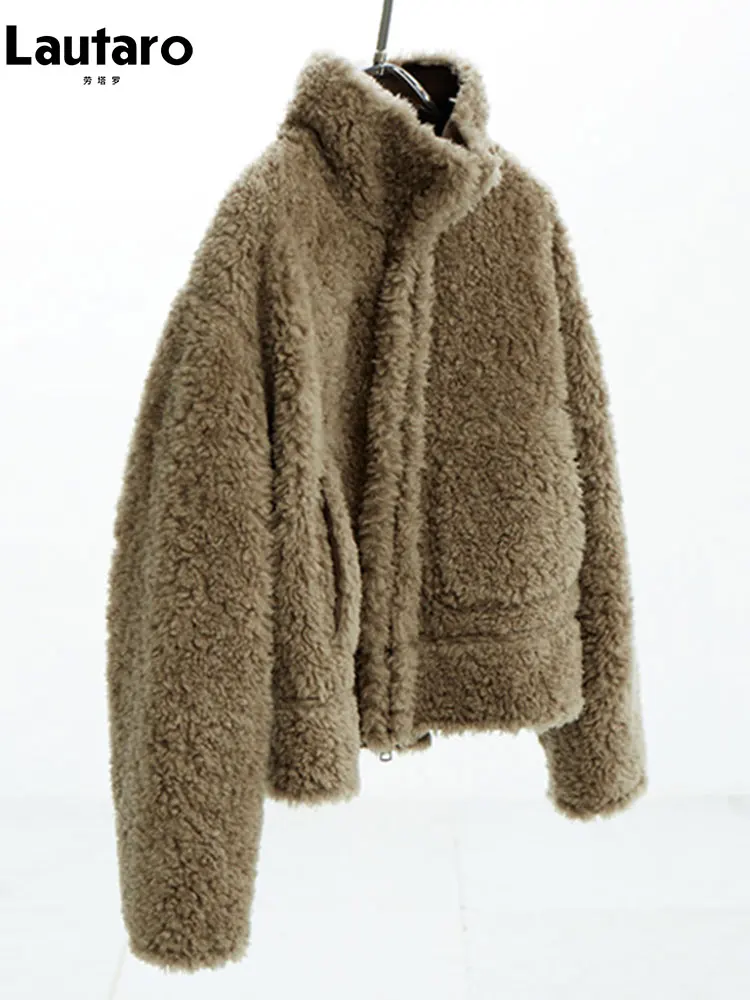

Lautaro Autumn Winter Short Thick Warm Soft Fuzzy Faux Fur Coat Women Stand Collar Zipper Luxury Loose Casual Fluffy Jacket 2026