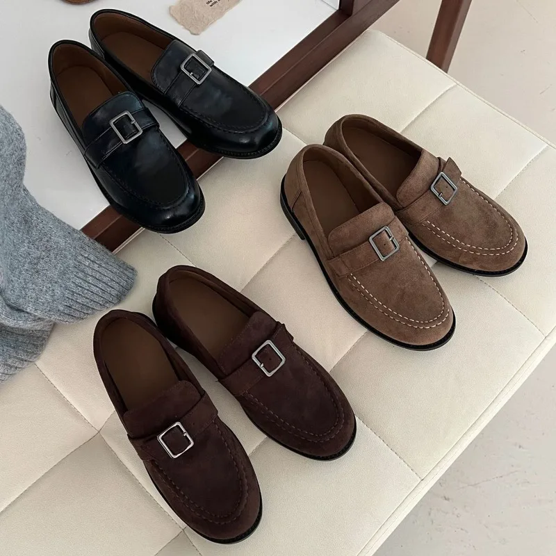 

Versatile Round Head Suede Metal Buckle Strap Loafers Women's New Versatile and Comfortable