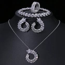 EmmayaZircons 4 Pcs Leaf Shape New Fashion CZ Necklace Earring Bracelet and Ring Sets Famous Brand Jewelry Womens Accessories
