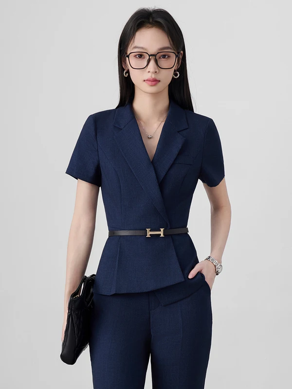 Professional Short Sleeve Slim Fit Summer Suit Set for Women Office Commute Workwear Thin Polyester Fiber Asymmetrical Design