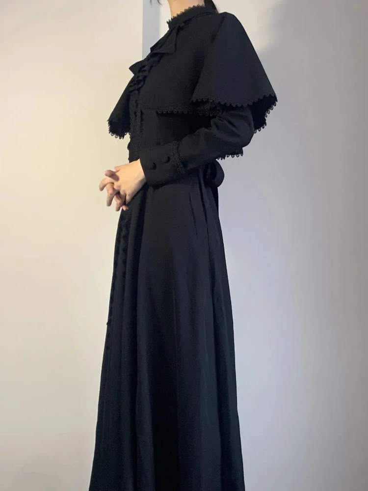 أطقم فساتين نسائية أنيقة باللون الأسود على الطراز القوطي الياباني بتصميم عتيق فساتين لوليتا ضيقة للشارع العالي Harajuku Y2k ملابس بأكمام طويلة