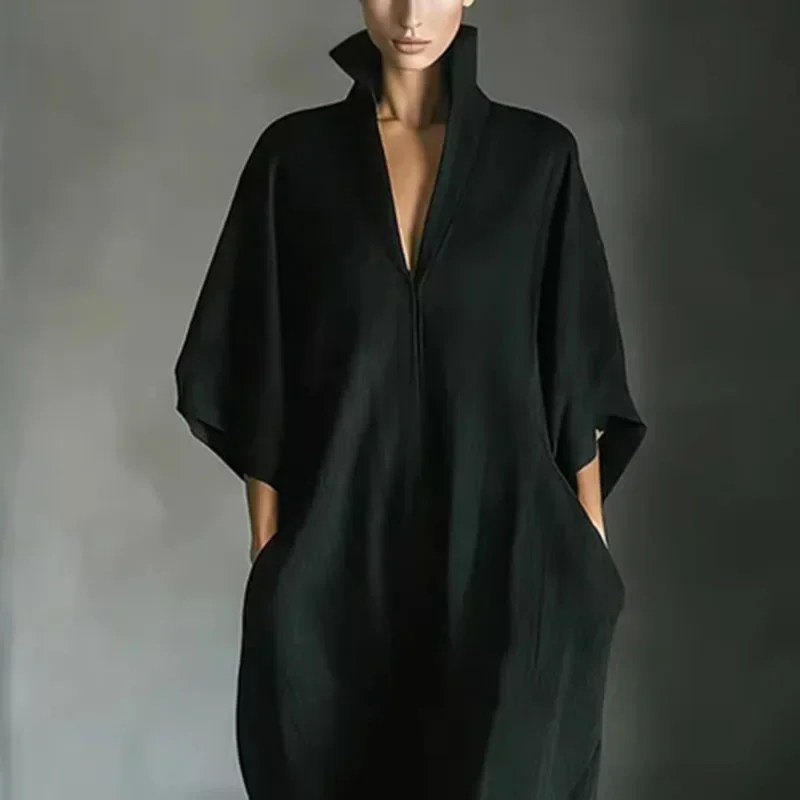 Black Sexy V Neck Solid Loose Maxi Dress Woman  Spring Half Sleeve  Pullover Long Dress Summer Vacation Bohemian Dress