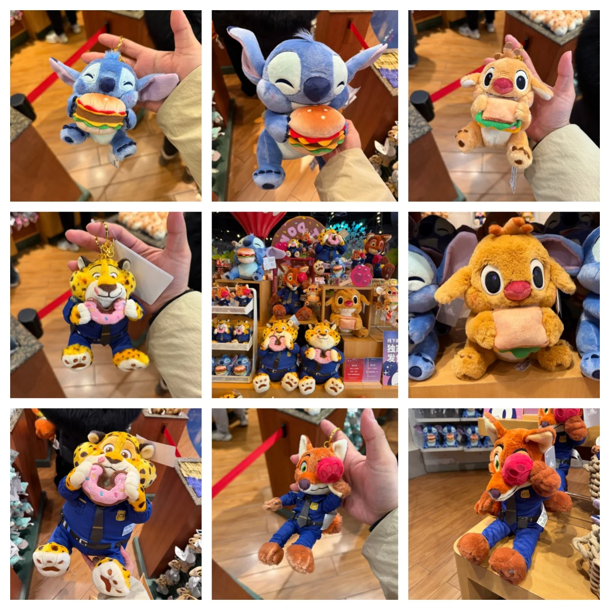 Disney souvenir keychain featuring Stitch enjoying a meal, Reuben and Zootopia plush figurines