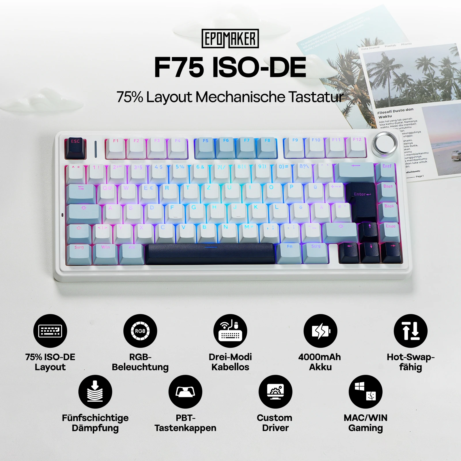 Klawiatura mechaniczna ISO-DE Layout EPOMAKER X AULA F75 75% German QWERTZ Hot-Swap Gasket Przewodowa/Bluetooth/Bezprzewodowa 2.4G z pokrętłem/RGB — zdjęcie produktu 2