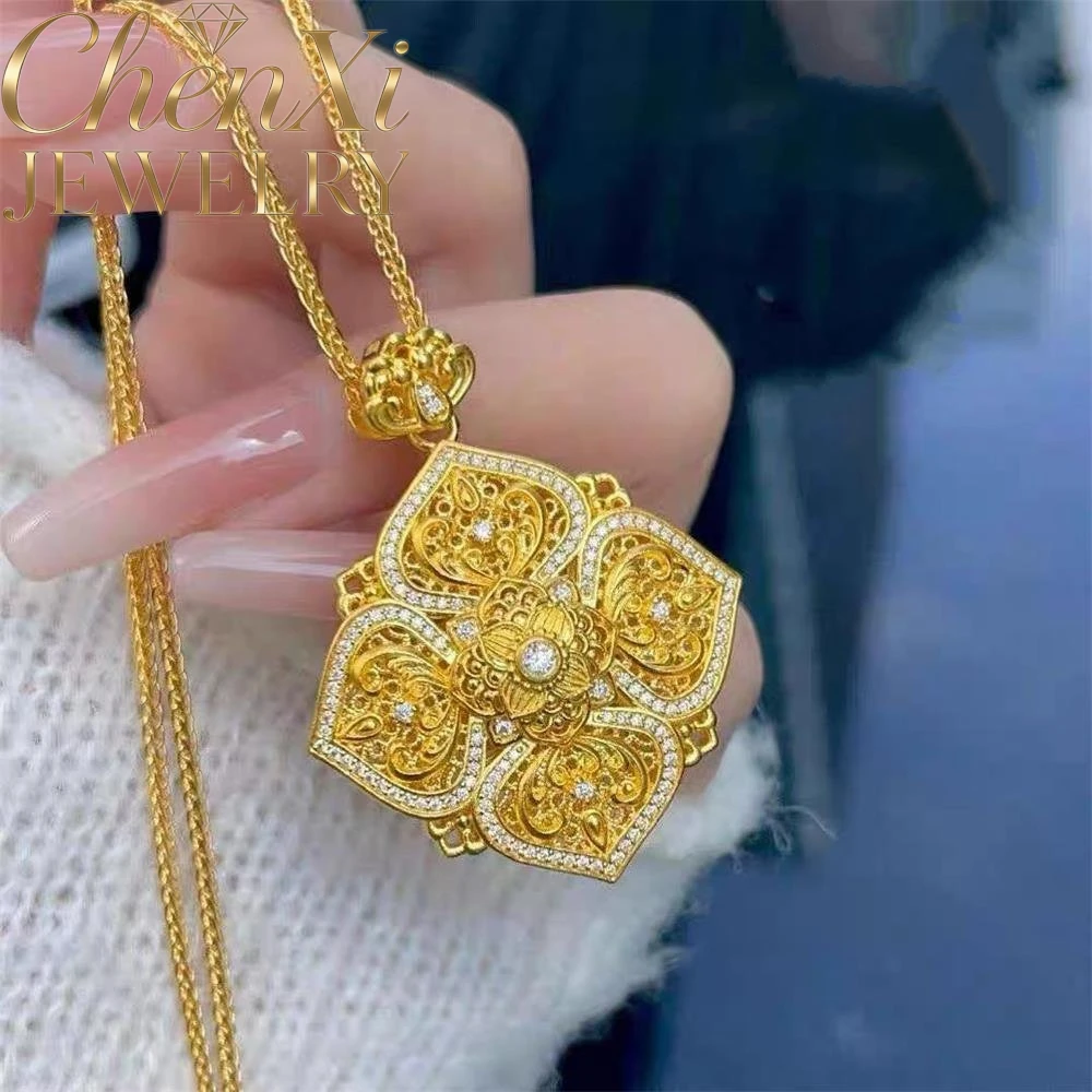 

High-end Sand Gold Square Hollow-out Set Diamond Auspicious Pendant Luxury Quality Fashion Fine Jewelry Exquisite Elegant Charms