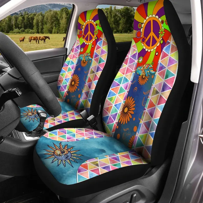 70s Hippie Style Colorful Car Seat Cover With Peace Sign Boho Universal Car Seat Covers, Vehicle Seat Protectors, Protect Car Se