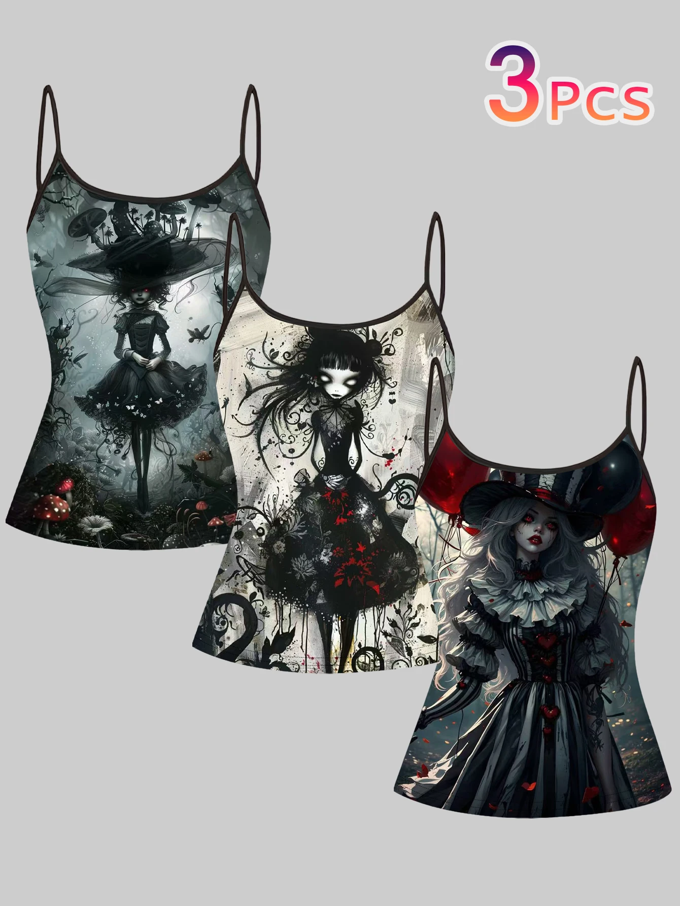 3-Piece Set of Dark Gothic Doll Print Camisoles for Women, Quirky Witch Mushroom Forest Clown Balloon Style, Personalized Slim-Fit Sleeveless Spicy Girl Inner Wear Tops