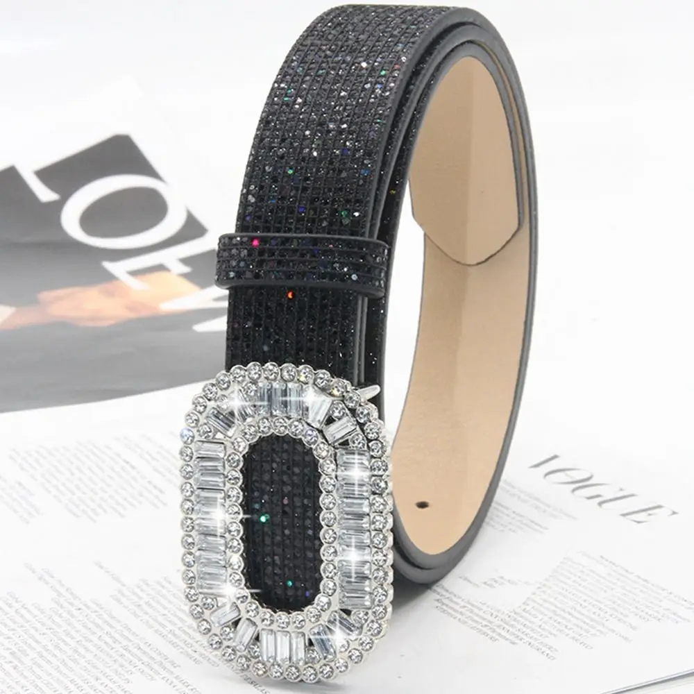 Vintage Bling Bling Sparkling Rhinestone Belt Glitter Luxury Brand Design Slide Buckle Belt Versatile Trendy Waistband Women
