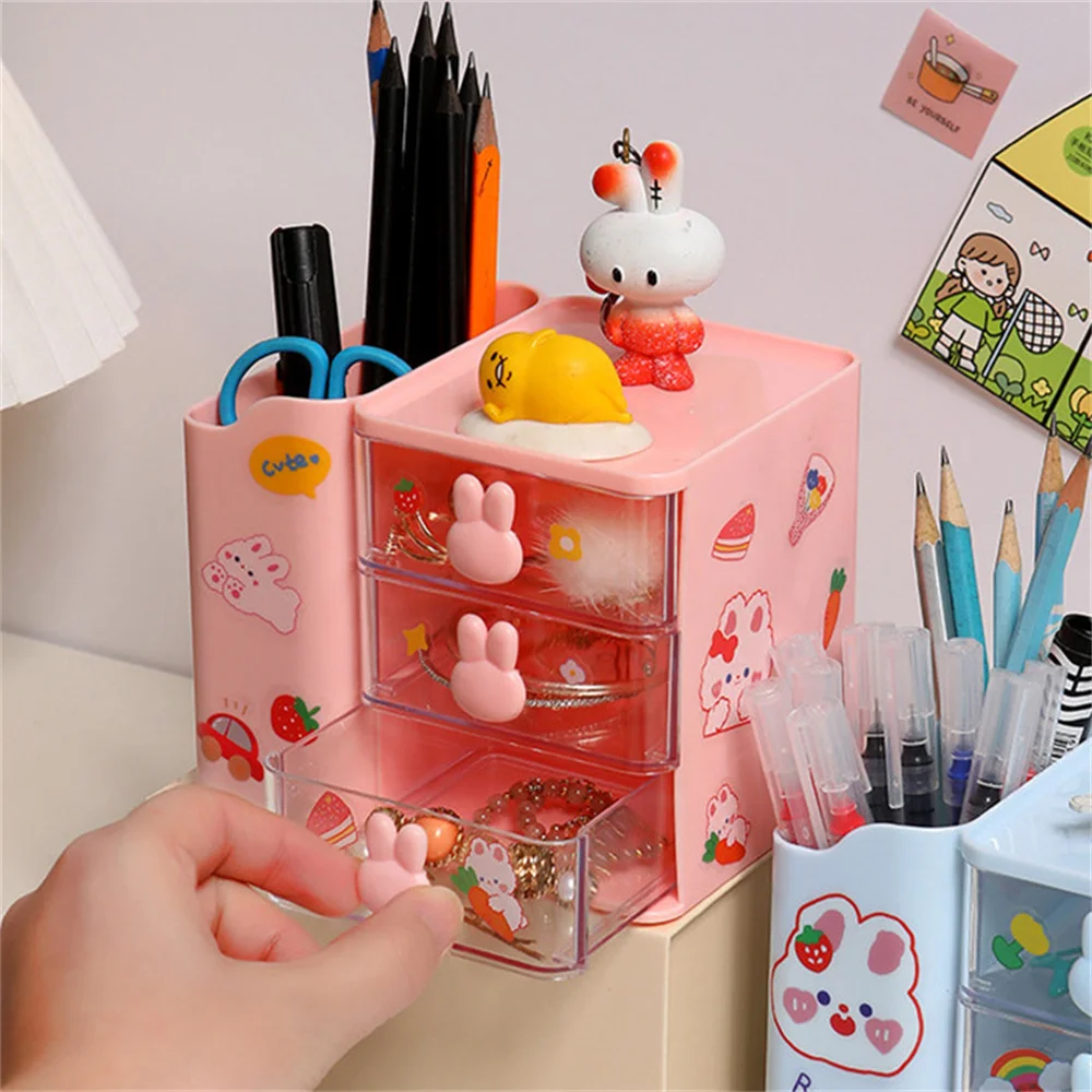 Kawaii Drawer Desktop Stationery Organizer With Pen Holder Large Capacity Multi-Functional Desk Cute Bunny Storage Box Organizer