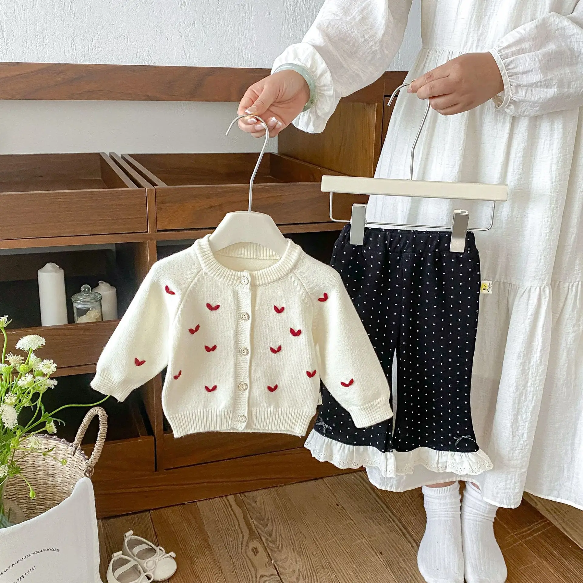 Baby Girls Knitted Cardigan Long Sleeve Heart Embroidery Soft Casual Sweater for Toddlers