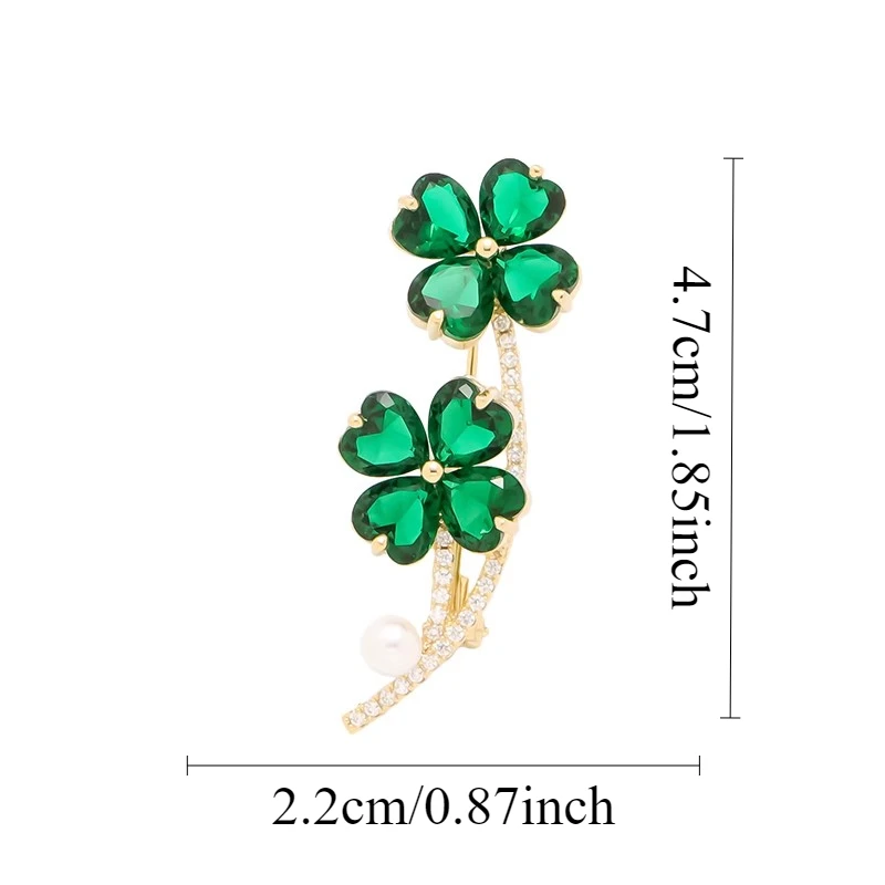 Delicate Green Crystal Lucky Four Leaf Clover Brooches for Women Retro Pearl Lapel Pin Female Wedding Clothing Jewelry