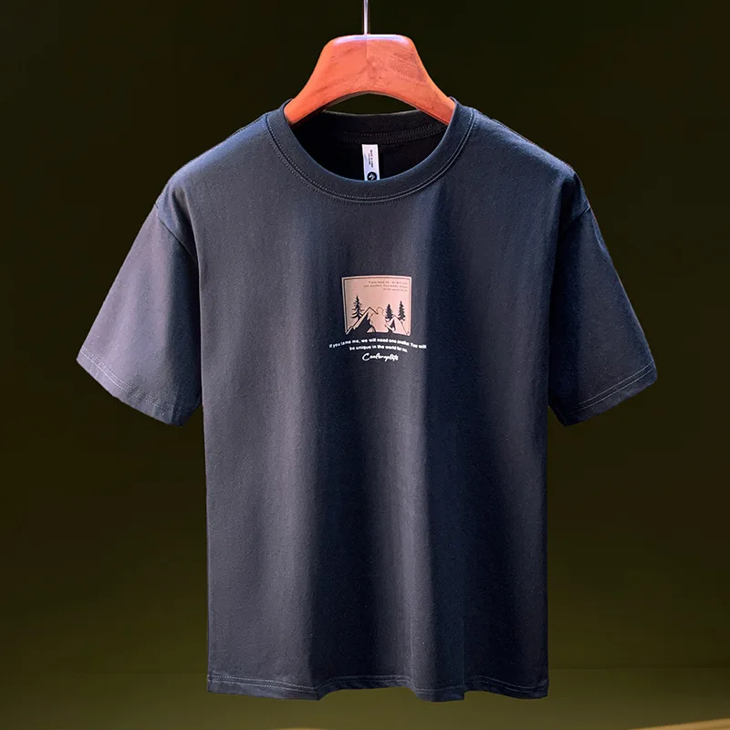 

2025 New Printed Men's T-shirt Simple and Versatile White Short Sleeve Loose Trendy Brand Combed Cotton Half Sleeve Top
