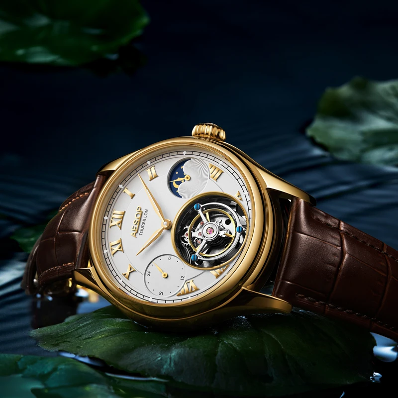 Aesop jam tangan mekanis pria, arloji Tourbillon Manual gerakan modis multifungsi Dial Stainless Steel kulit safir 7020