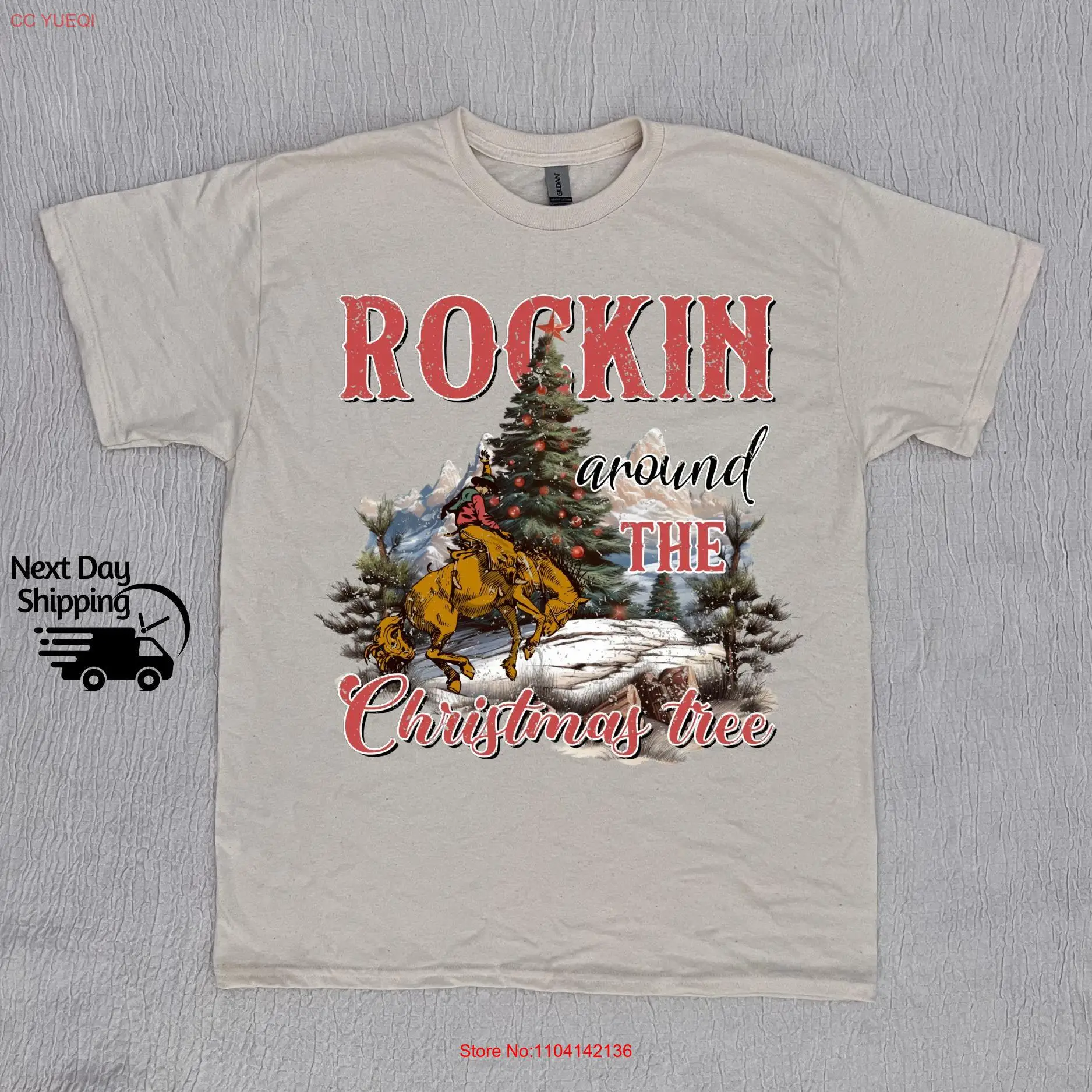 Retro Rocking Around The Christmas Tree Cute T Shirtnager Shirt Vintage Cowboy Cool Men Xmas long or short sleeves