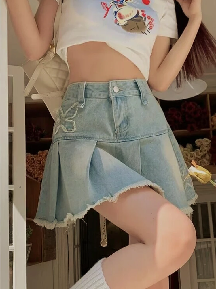 

Skirts Women Denim Hotsweet Butterfly Vintage Casual Ripped Girlish Summer New Popular Korean Style Streetwear Graceful Empire