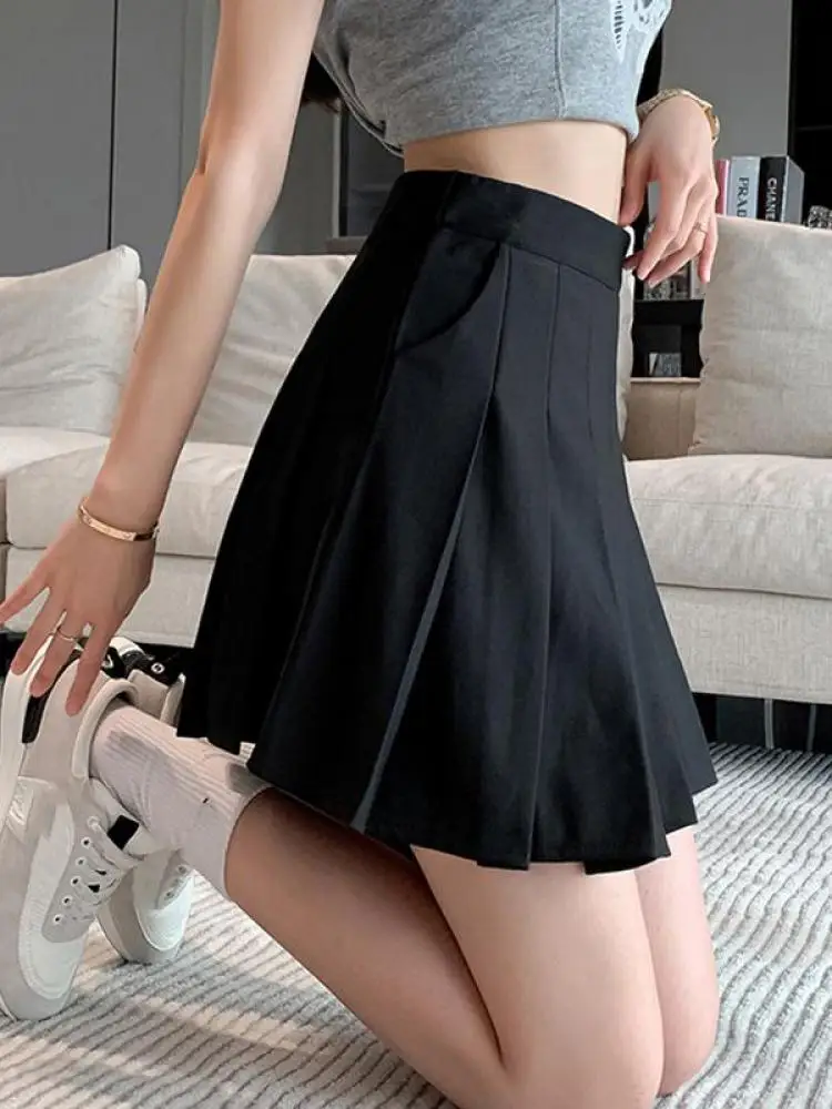 Korean Elastic High Waist Pleated Skirt Woman Black Gray Short A-Line Skirts for Women 2024 Summer Jk Uniform Mini Skirt