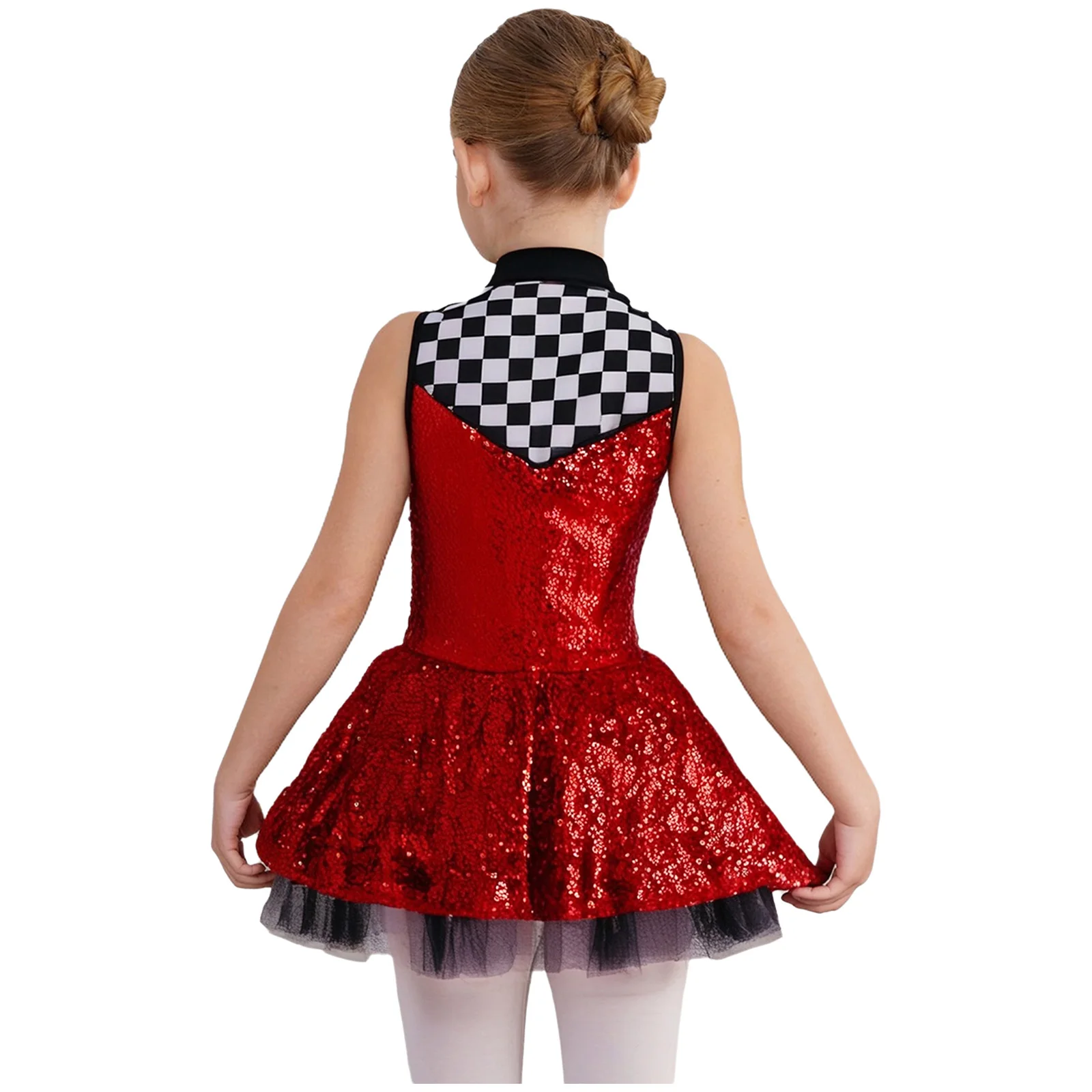 Kids Girls Race Car Driver Costume Shiny Sequins Sleeveless Plaid Mesh Dress Halloween Carnival Party Racer Cosplay Dress Up