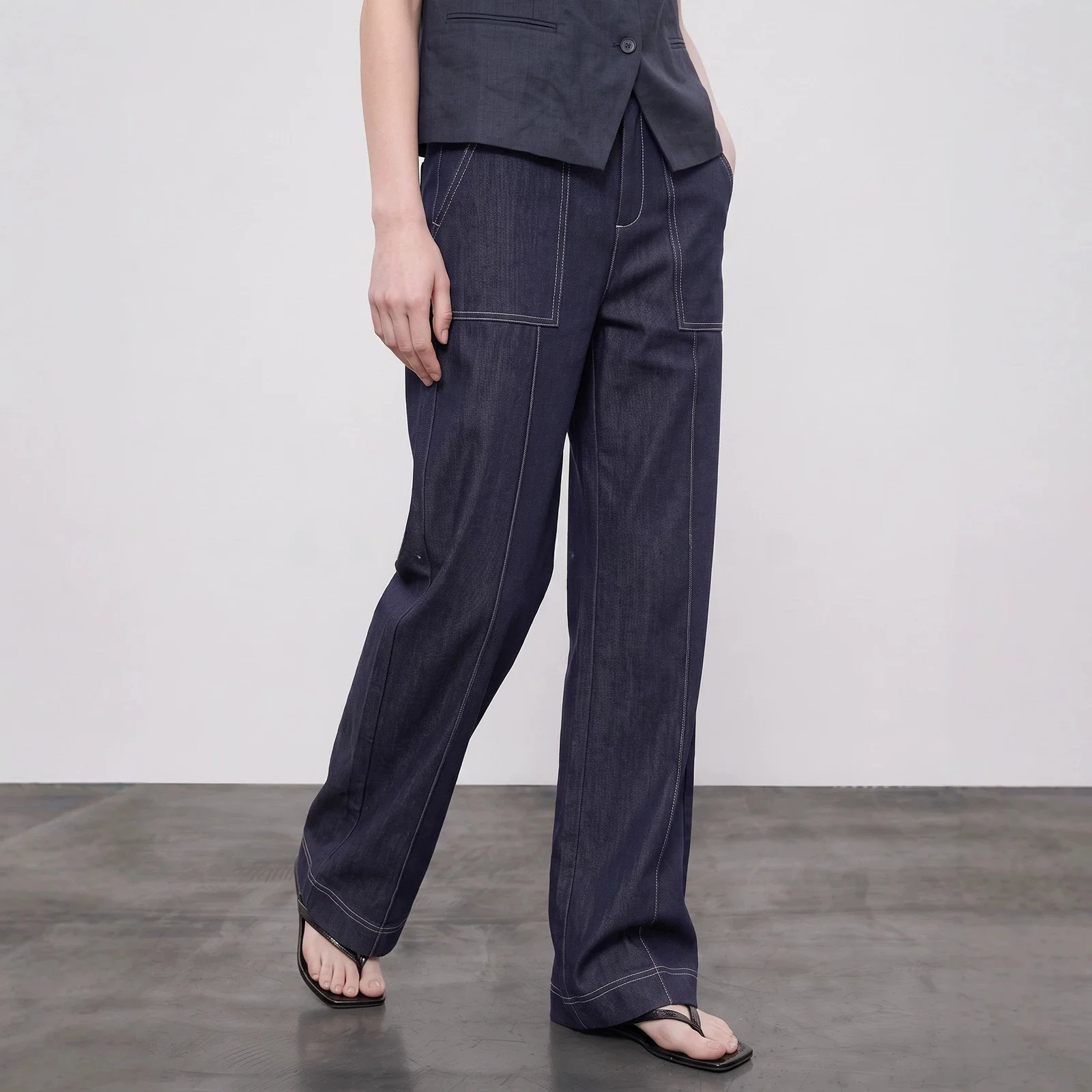High Waist Rigid Denim Leisure Pants Women's Double Buckle Smooth Surface High Waist Commuting Casual Pants with Patch Pocket