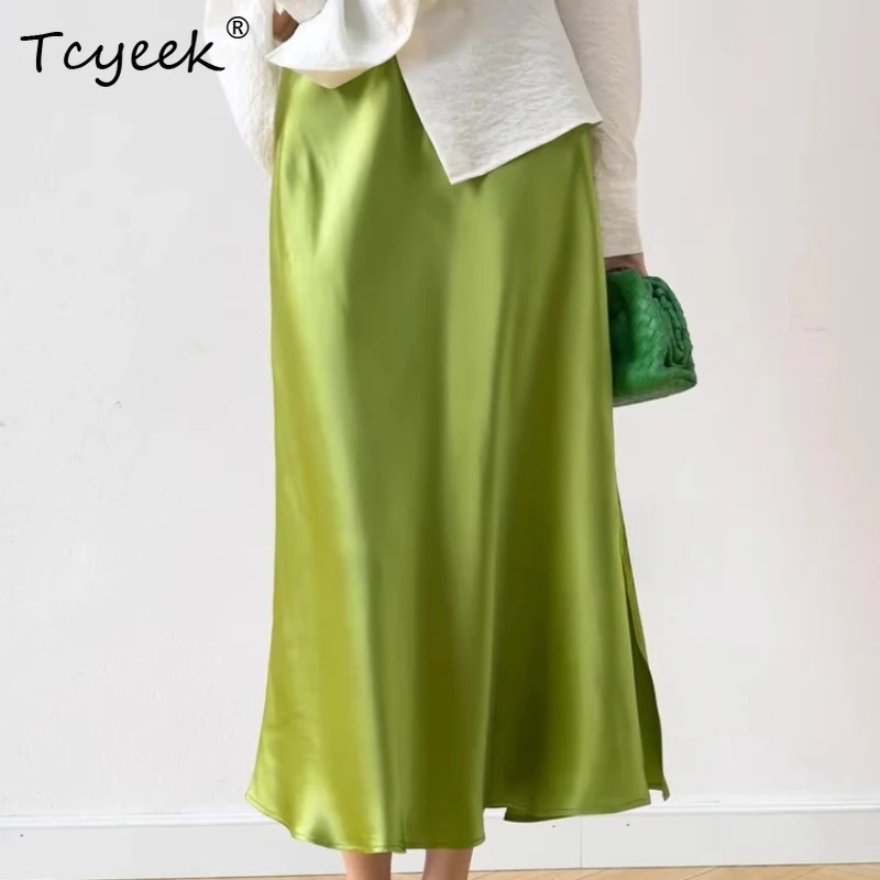 Tcyeek 100% Real Silk Skirts for Women 2026 Summer Luxury-Style Elastic Waist Elegant Skirt Ladies Clothing Женская Летняя Юбка
