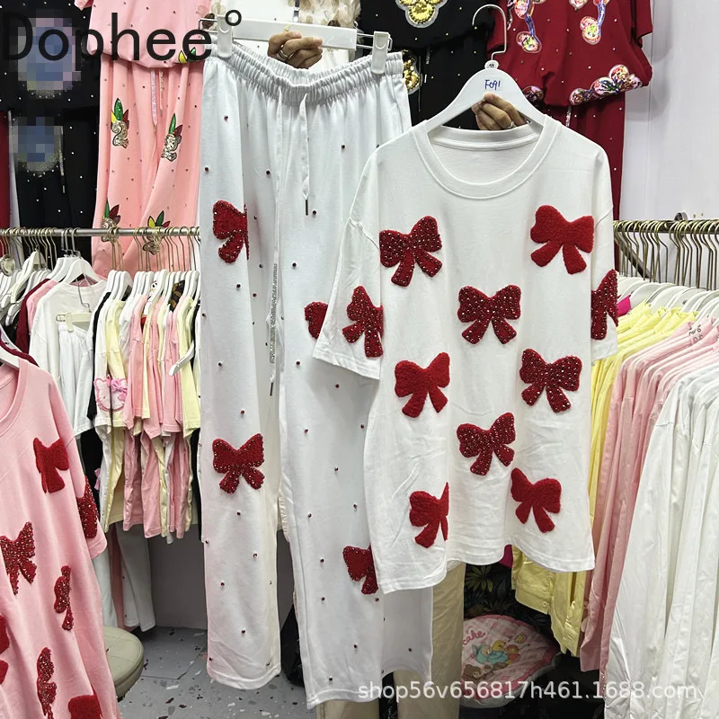 

Luxury Diamonds Bow Casual Women Sets All-match Loose O-neck Short Sleeve T-shirt Top + Drawstring Elastic Waist Long Trousers