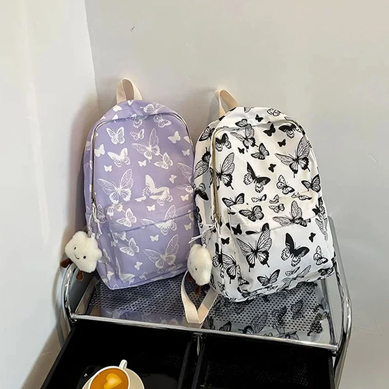 Unisex Butterfly Printing Pattern Backpack, Student Nylon Bag sem pingente, Short Distance Travel Bag, Meninas, portátil