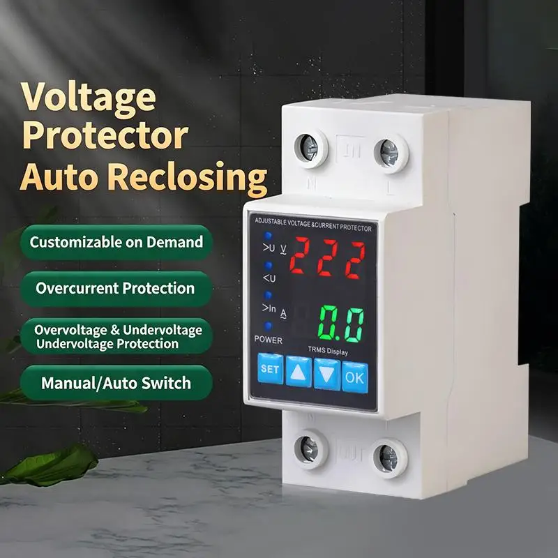 Rail Dual Display Adjustable Over Voltage Current Under: 40A 63A 80A 220V 230V Protective Relay