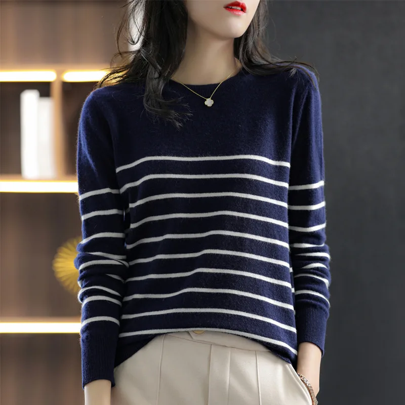 Pure Cotton Line Stripe Pop Sweater Women\'s Spring And Autumn Blouse Round Neck Knit Loose Inside With Outside Wear Bottom SMY18