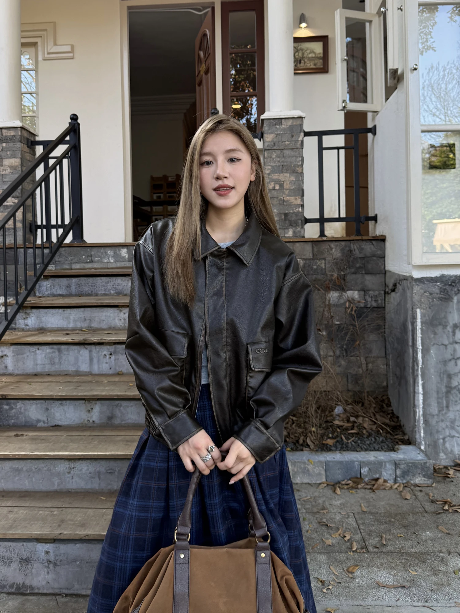 Chaqueta de Cuero Desgastado para Mujer, Estilo Holgado, Vintage, Americano, con Cuello, Chaqueta de Cuero PU con Parches, Ropa Exterior Informal