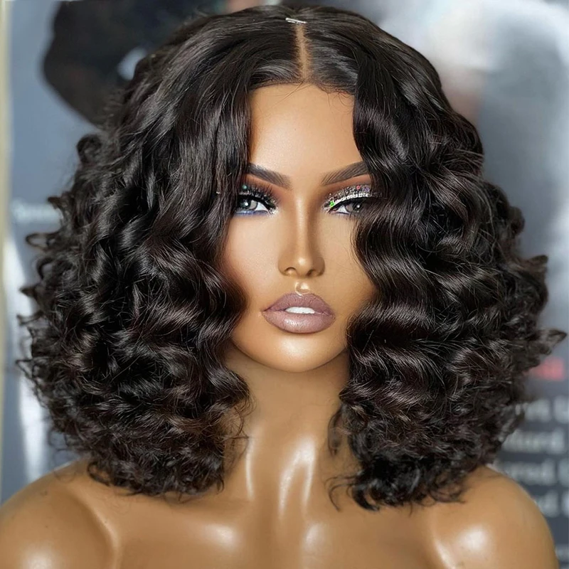 Perruque Bob Lace Front Wig sans colle pour femme, perruque courte, douce, bouclée, Deep Wave, cheveux de bébé, pre-plucked, densité 180, noir naturel