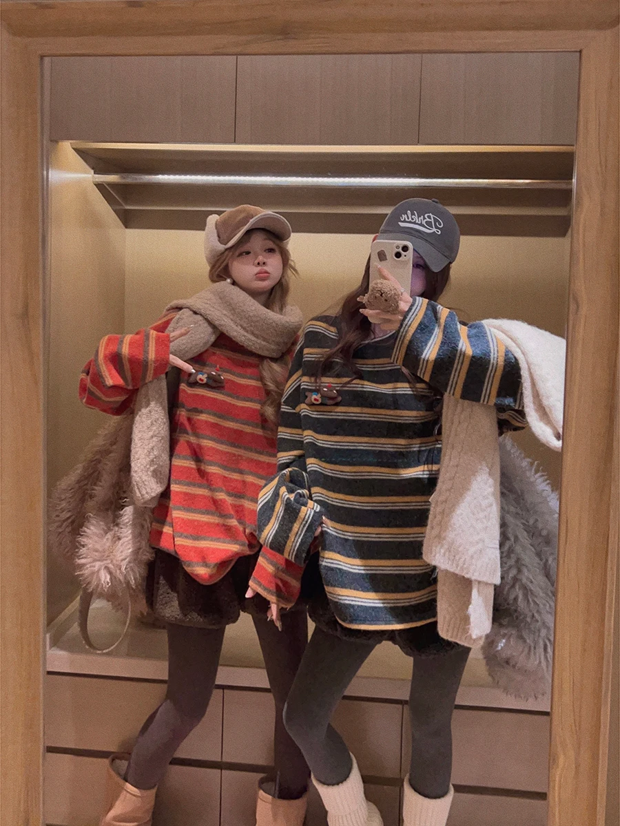 

Женская футболка Yukiss Thiened Fce свободного кроя, базовый слой, корейский стиль, зимняя теплая, в полоску, с дизайном таксы