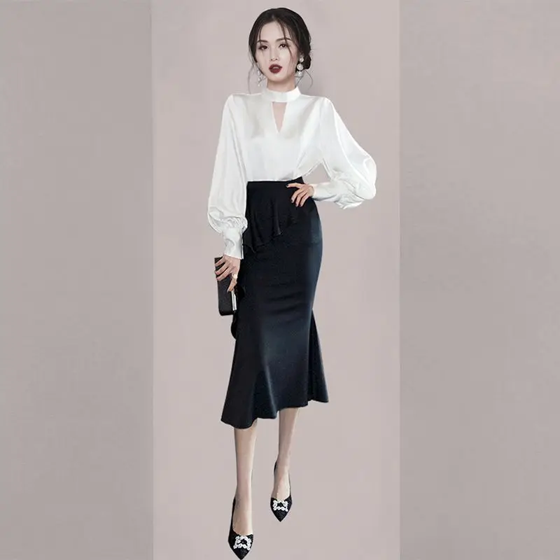 Korean Popular Personality Long-sleeved Chiffon Shirt Ruffled Skirt Two-piece Elegant Women Skirt Suit Office Manager Outfits